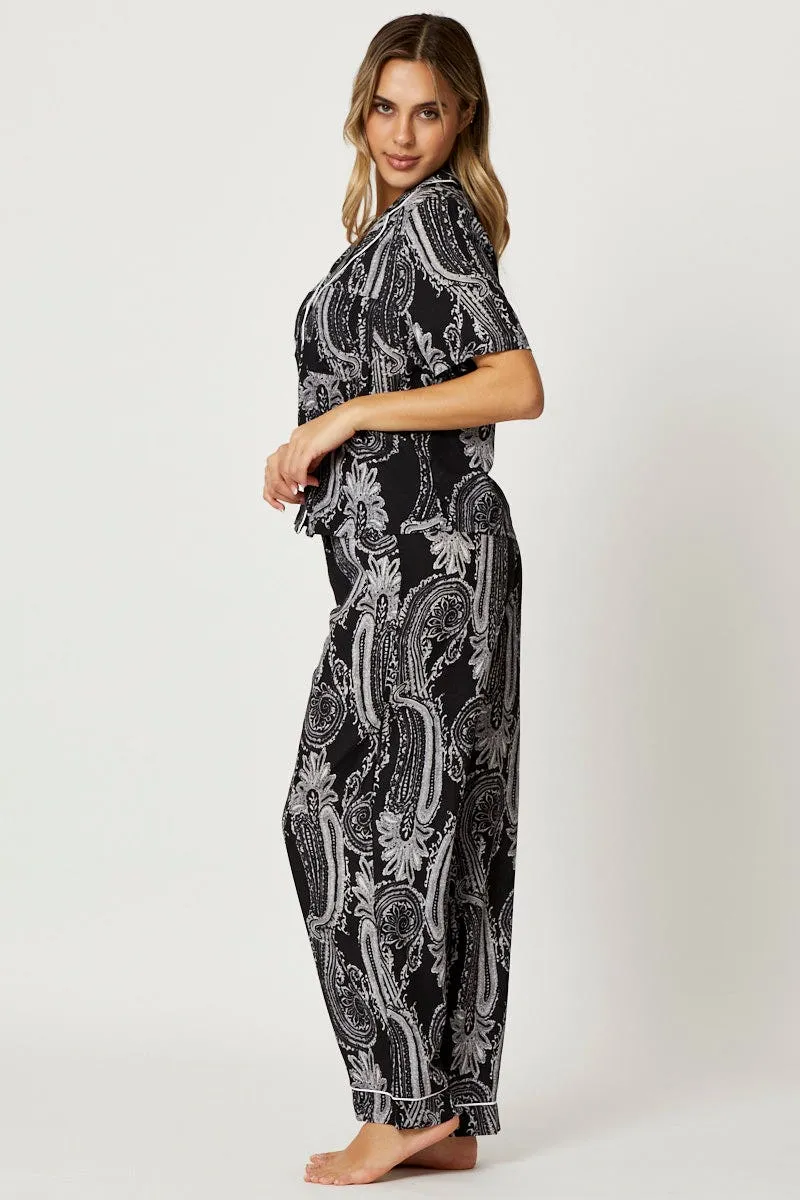 Smart Wear Laser Cut Perforations Print Bandana Button Through Pyjama Set