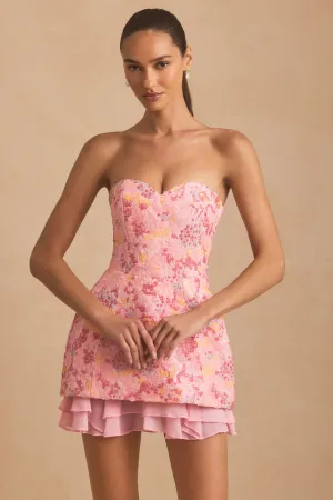 Embellished Strapless Corset Mini Dress in Pink Light Reflective