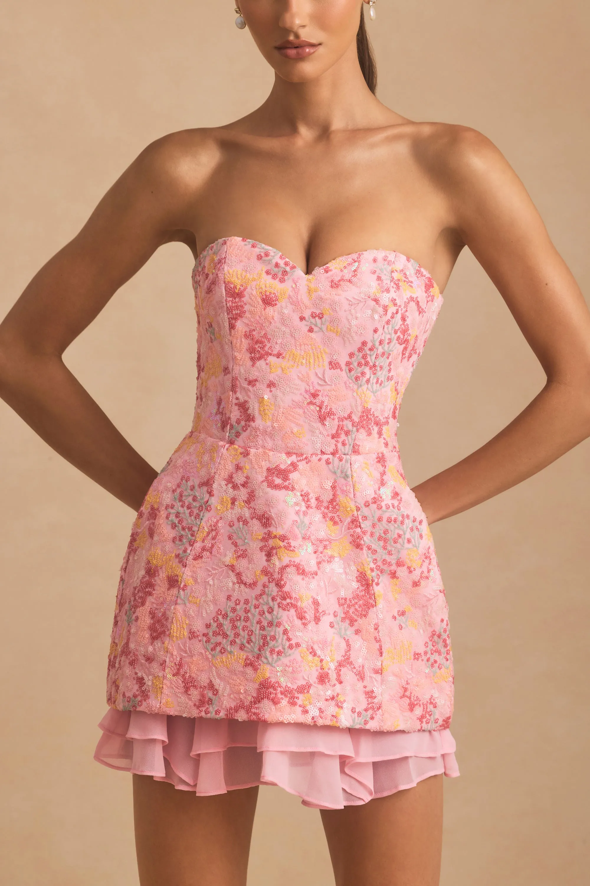 Embellished Strapless Corset Mini Dress in Pink Trendy Wearable Adjustable Waistband