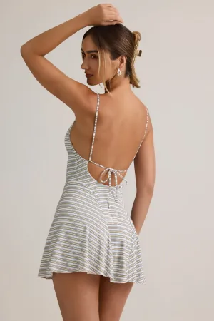 Yoke Back Construction Modal Ribbed Tie-Back A-Line Mini Dress in Blue Yellow Stripe