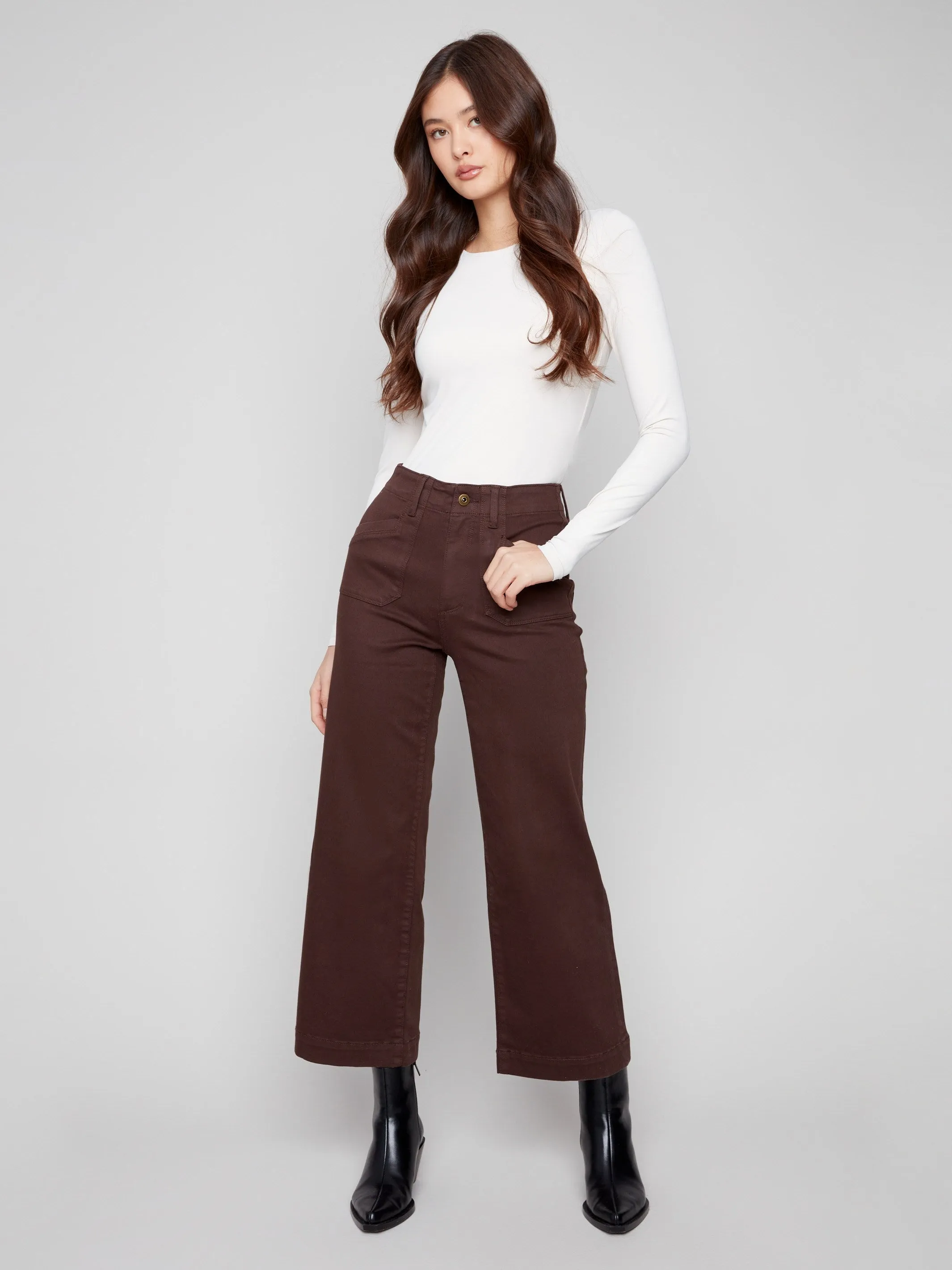 Plain Favorite Cropped Wide Leg Stretch Twill Pants - Mocha