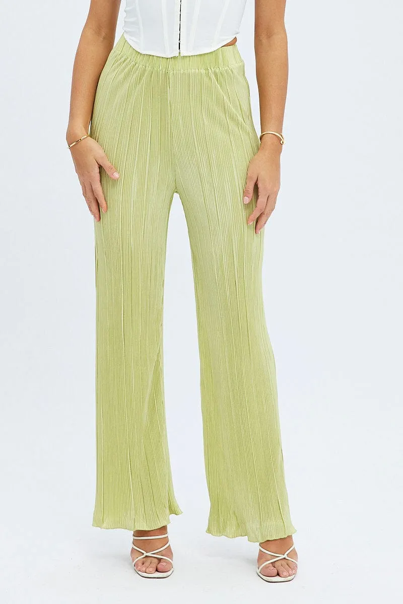 Green Plisse Pants Wide Leg High Rise Durable Activewear EasyCareFabric