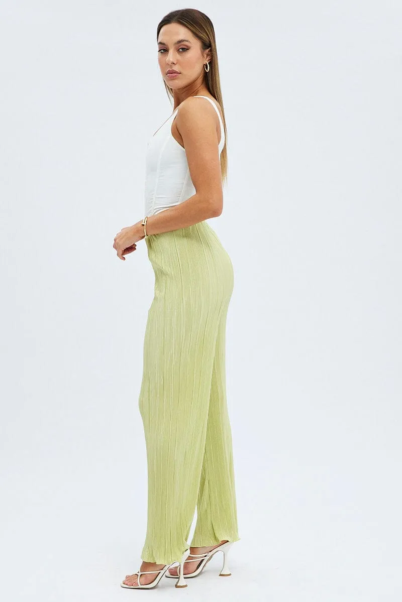 Green Plisse Pants Wide Leg High Rise All Use Non Restrictive