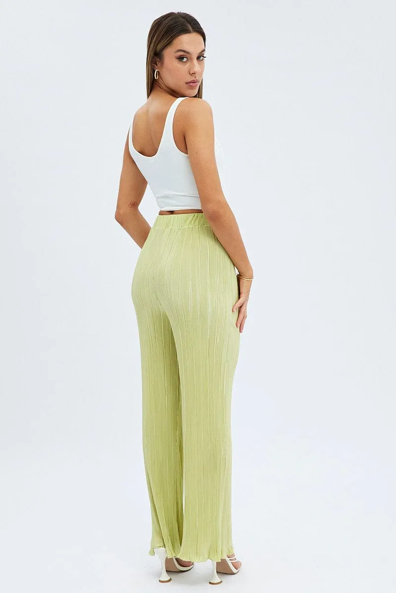 Green Plisse Pants Wide Leg High Rise ThermalInsulation Detachable belt