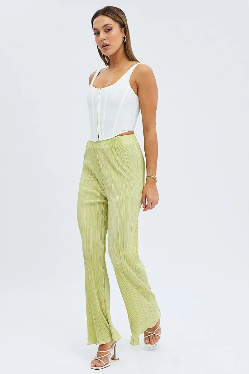 Eco Friendly Dye Process Neutral Tone Green Plisse Pants Wide Leg High Rise