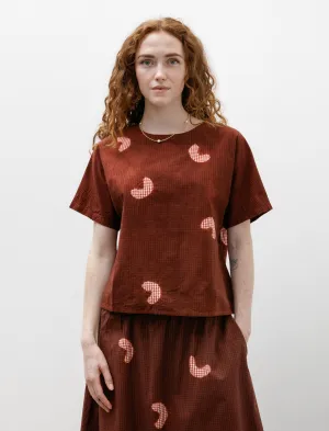 Metal Core Koboushi Shibori Smile Cotton Gingham Woven T-Shirt Bordeaux/Red