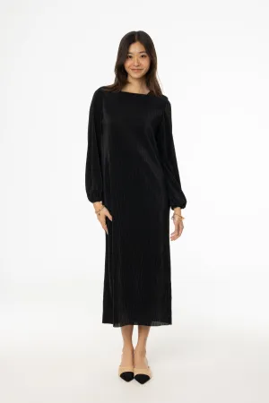 Black Square Neck Accordion Pleat Maxi Dress Cozy Knit Soft Flow