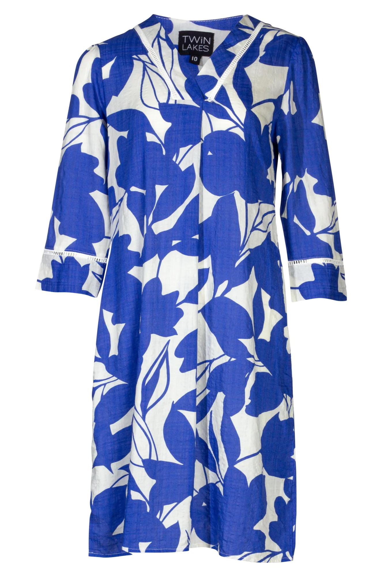 Cotton blend Dress with 3/4 sleeve | Lapis Ivory Leaves | 6544A1 NonChafingEdges NonRestrictive Cut