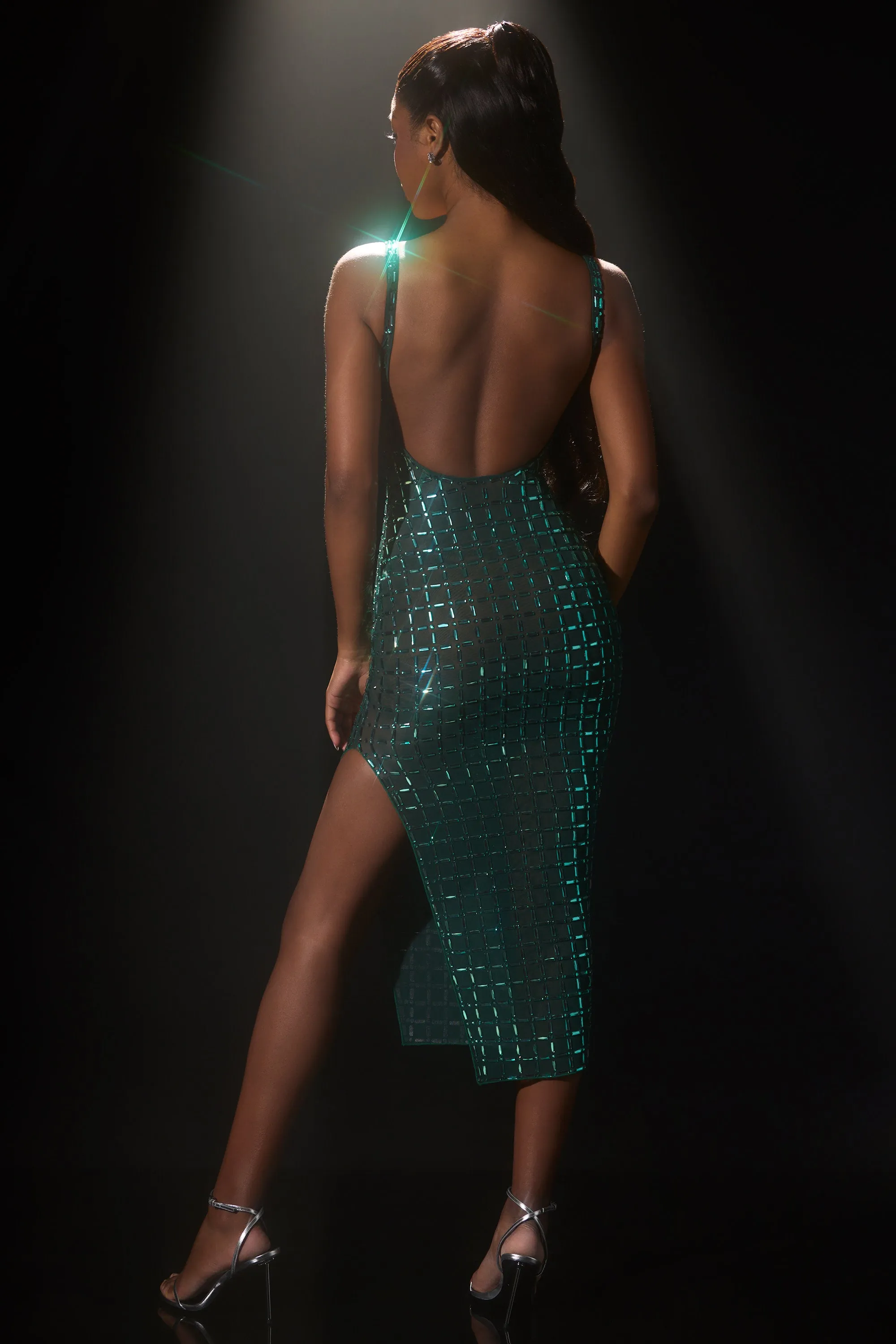 Embellished Open-Back Midaxi Dress in Emerald Green Game Core Relaxed Fit
