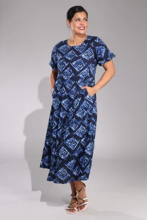 TensionAdjustedWaistband Midi Summer Dress | Blue Black Geo | 6542C1