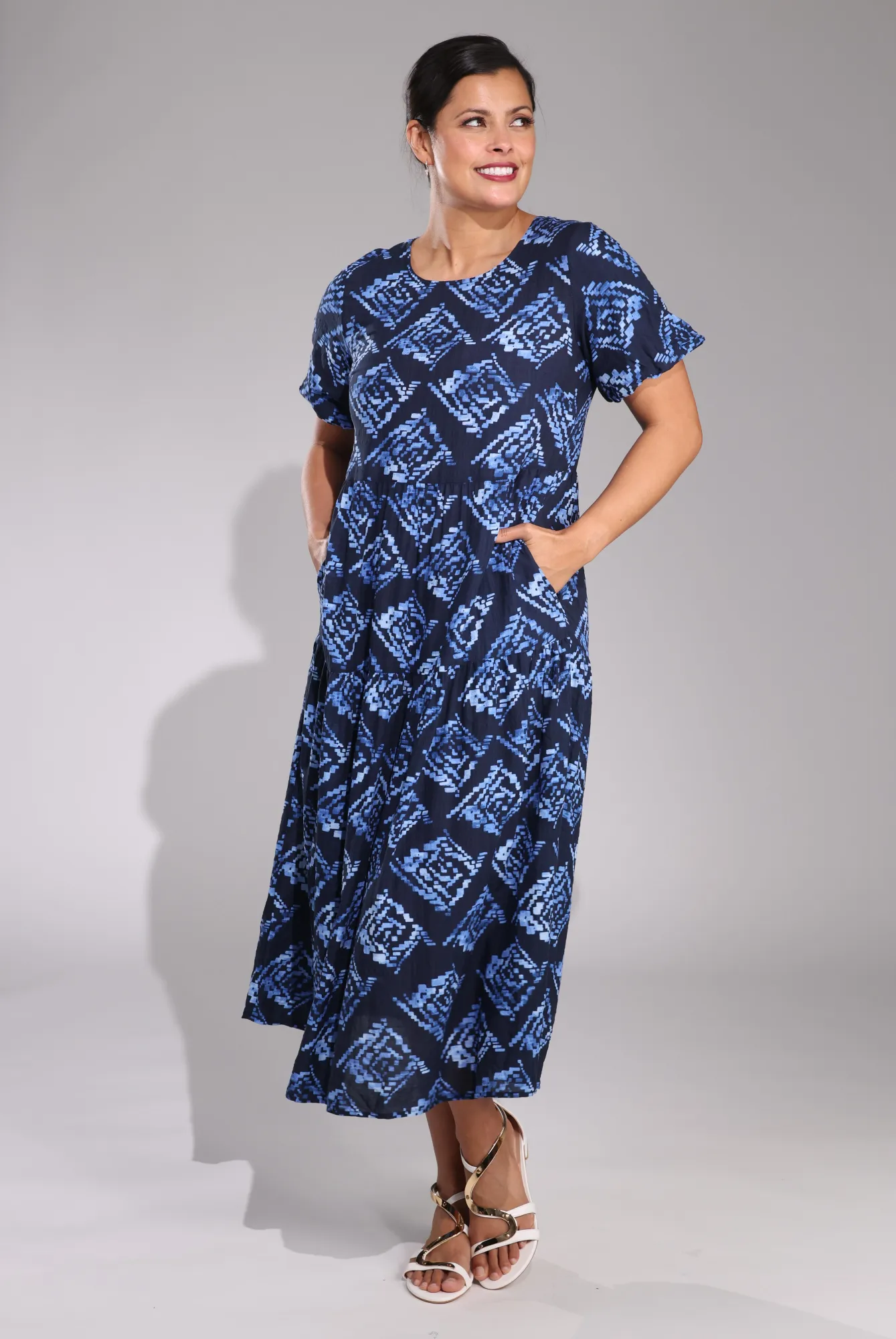 TensionAdjustedWaistband Midi Summer Dress | Blue Black Geo | 6542C1