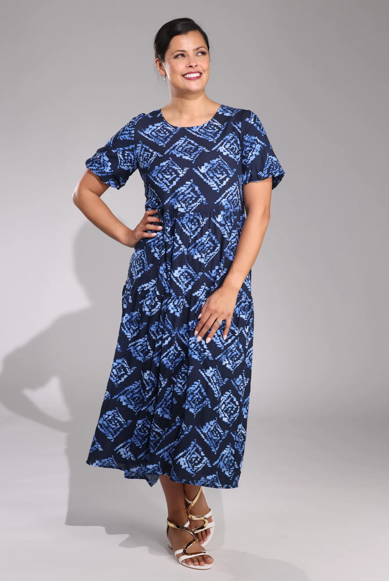 Outdoor Gear Glam Night Midi Summer Dress | Blue Black Geo | 6542C1