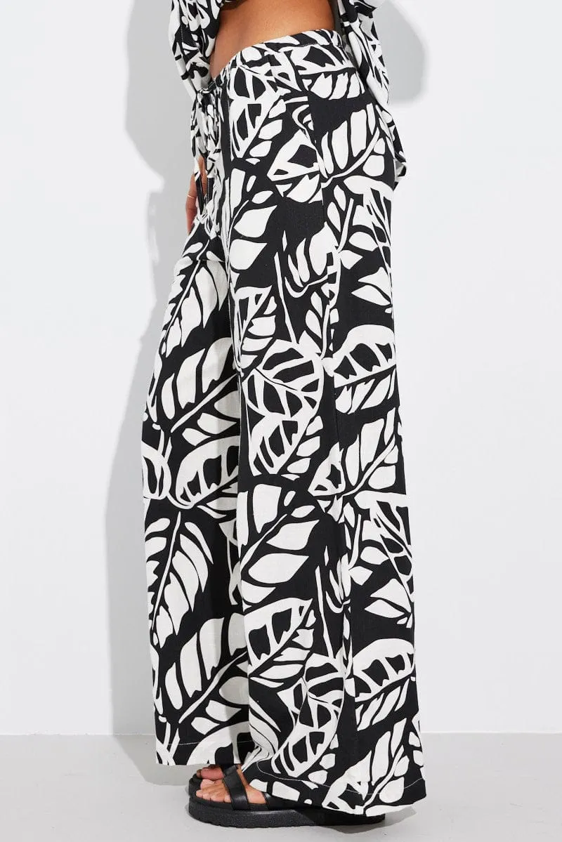 Rubberized Hem Flex Foam Inserts Black Abstract Wide Leg Pants Mid Rise