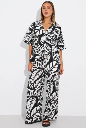 Chic Comfort Black Abstract Wide Leg Pants Mid Rise