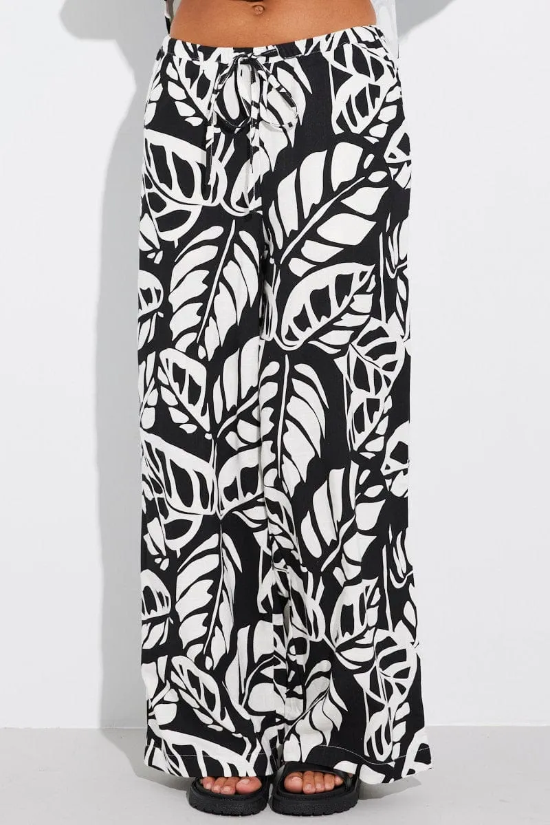 WaterRepellent UVProtectionCoating Black Abstract Wide Leg Pants Mid Rise