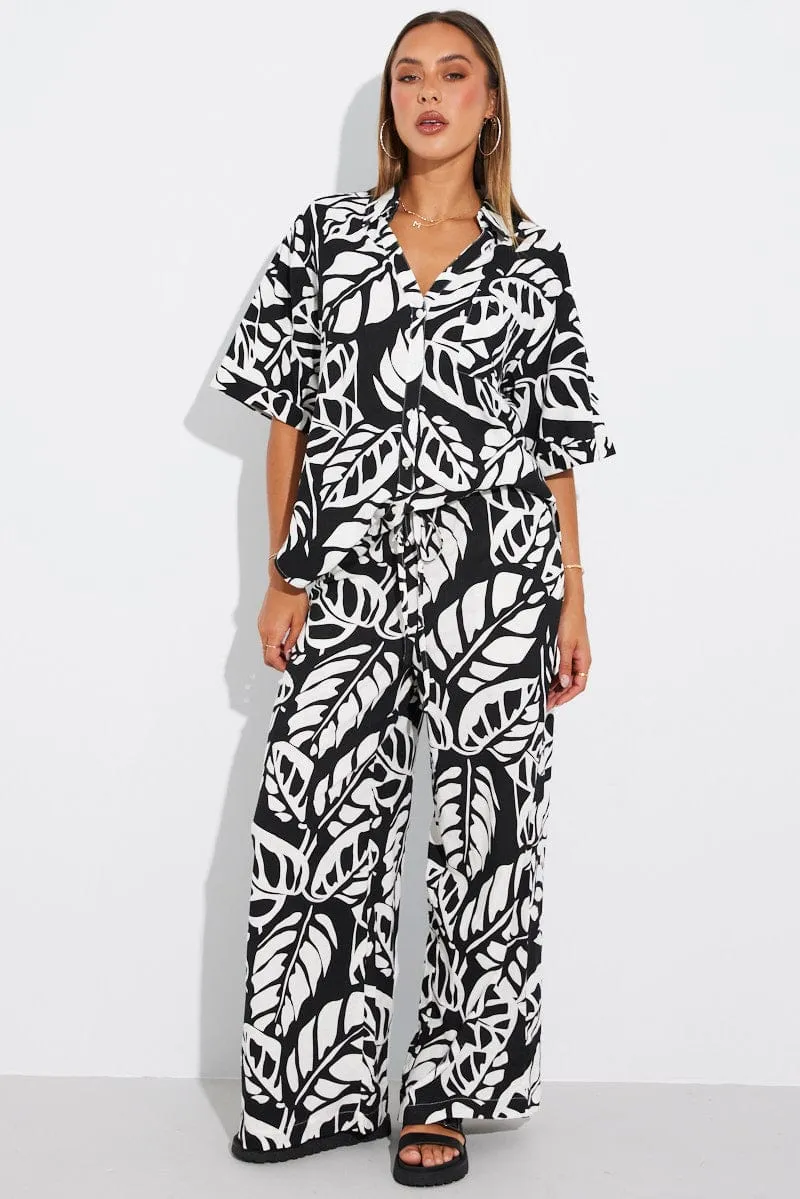 Chic Comfort Black Abstract Wide Leg Pants Mid Rise