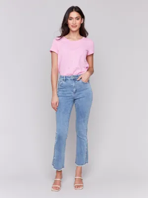 Layered Look Clean Cut Bootcut Jeans with Side Snap Detail - Light Blue