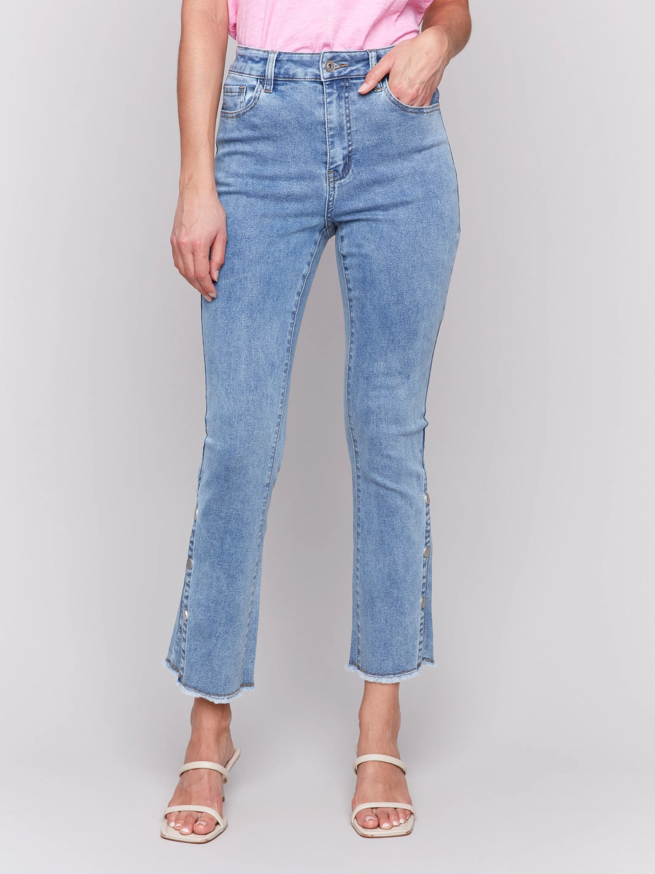 Minimalist Elegant Bootcut Jeans with Side Snap Detail - Light Blue