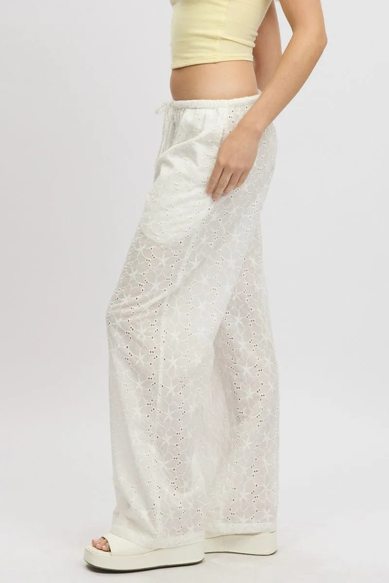 White Wide Leg Pants High Rise Eyelet Fabric Flattering Fit Bootcut shape