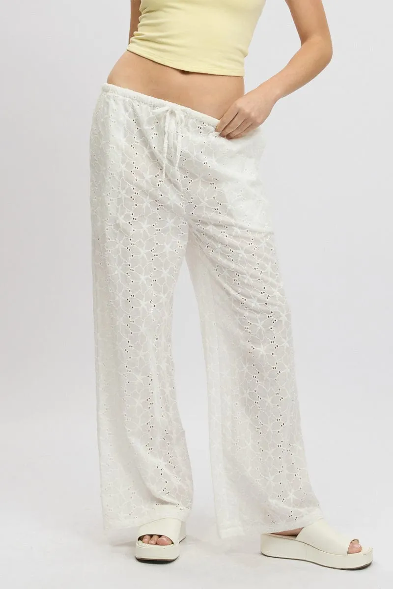 Compression Fit Relaxed fit wear White Wide Leg Pants High Rise Eyelet Fabric