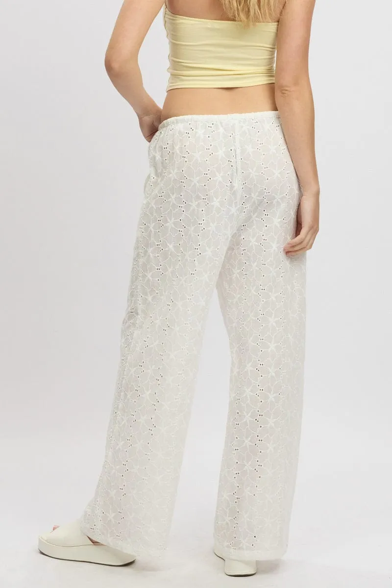 Customizable length White Wide Leg Pants High Rise Eyelet Fabric