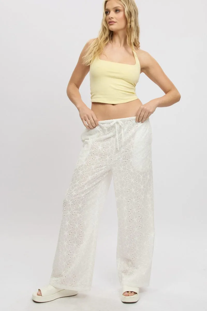 SustainableManufacturing White Wide Leg Pants High Rise Eyelet Fabric