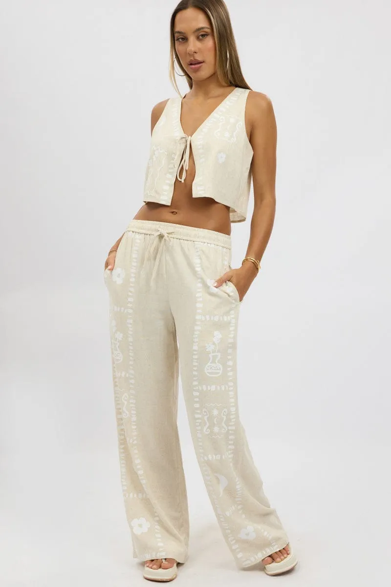Beige Wide Leg Pants Elasticated Waist LowProfileTopstitching Flattering Style