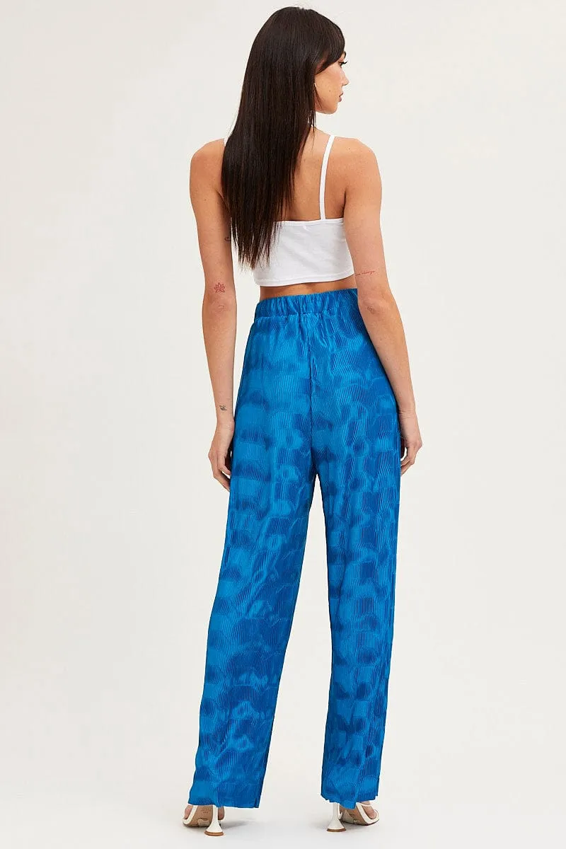 Stretch Fabric Blue Plisse Pants Wide Leg High Rise