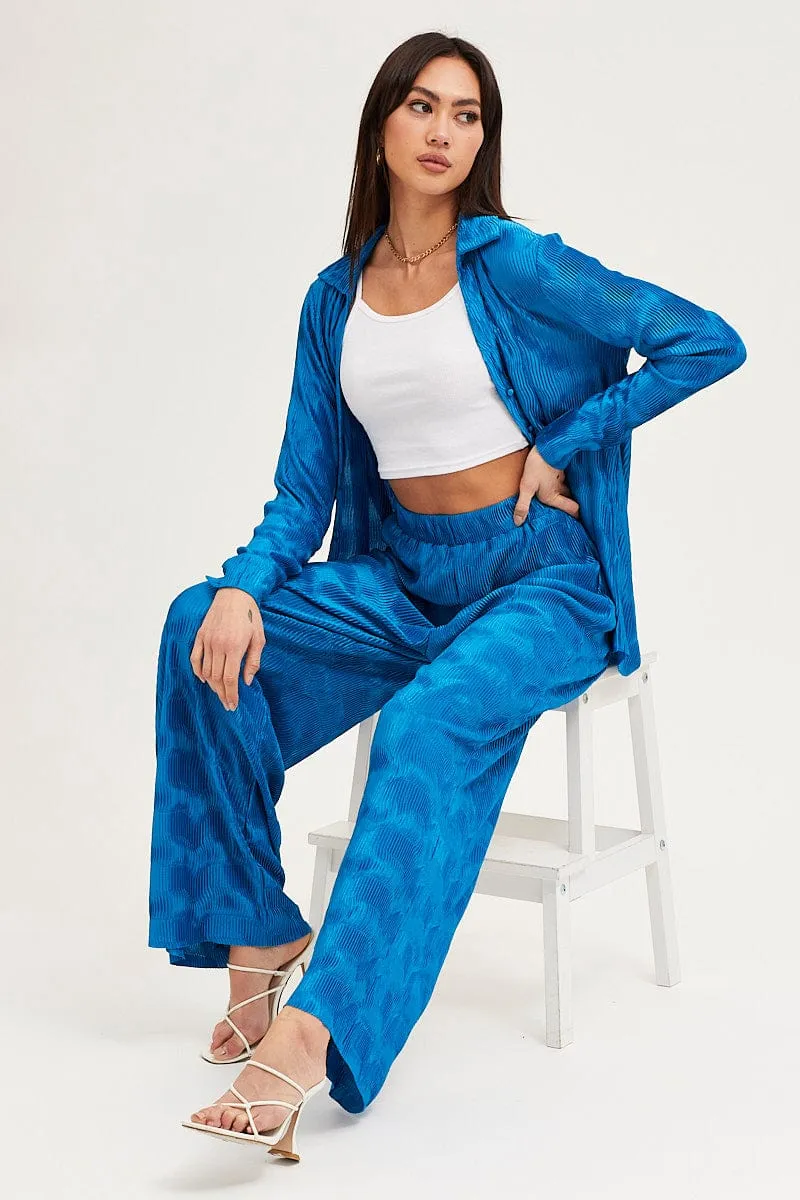 Blue Plisse Pants Wide Leg High Rise Effortless Wear Everyday Comfort Fit