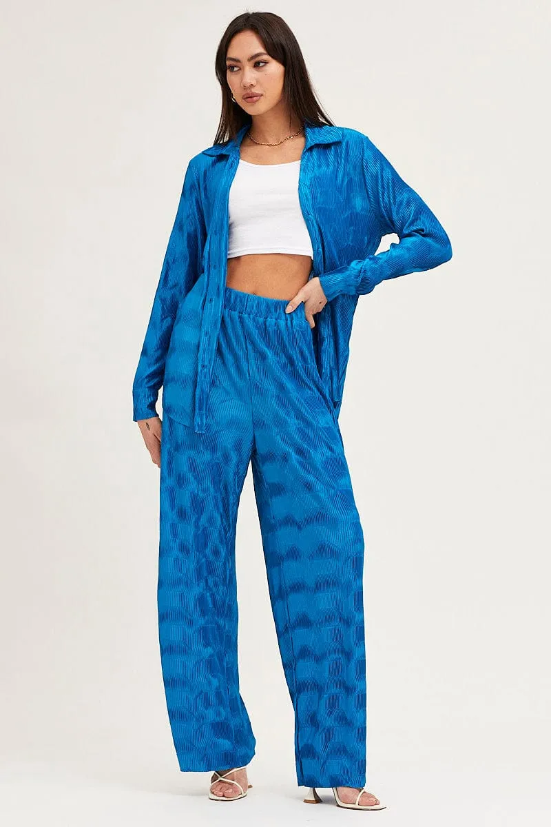 Reinforced Stitching Blue Plisse Pants Wide Leg High Rise