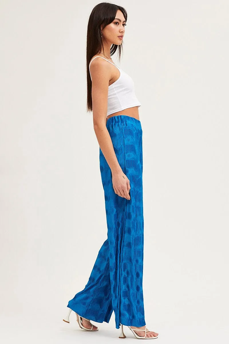 Blue Plisse Pants Wide Leg High Rise Outdoor Style Comfy Wearable
