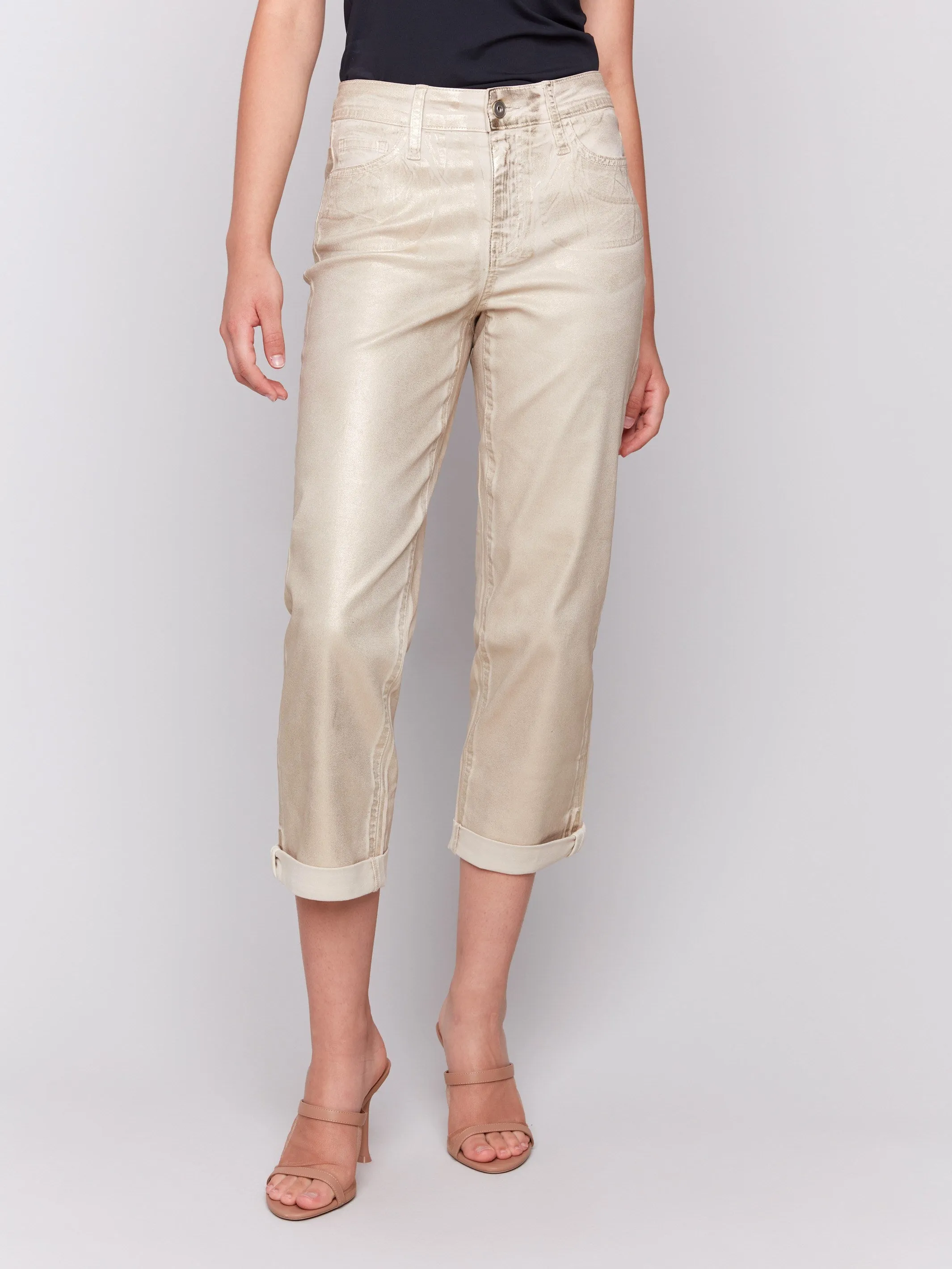 Foiled Straight Leg Pants with Cuffed Hem - Natural Minimalist Style Holiday Vibes Weekend Warrior