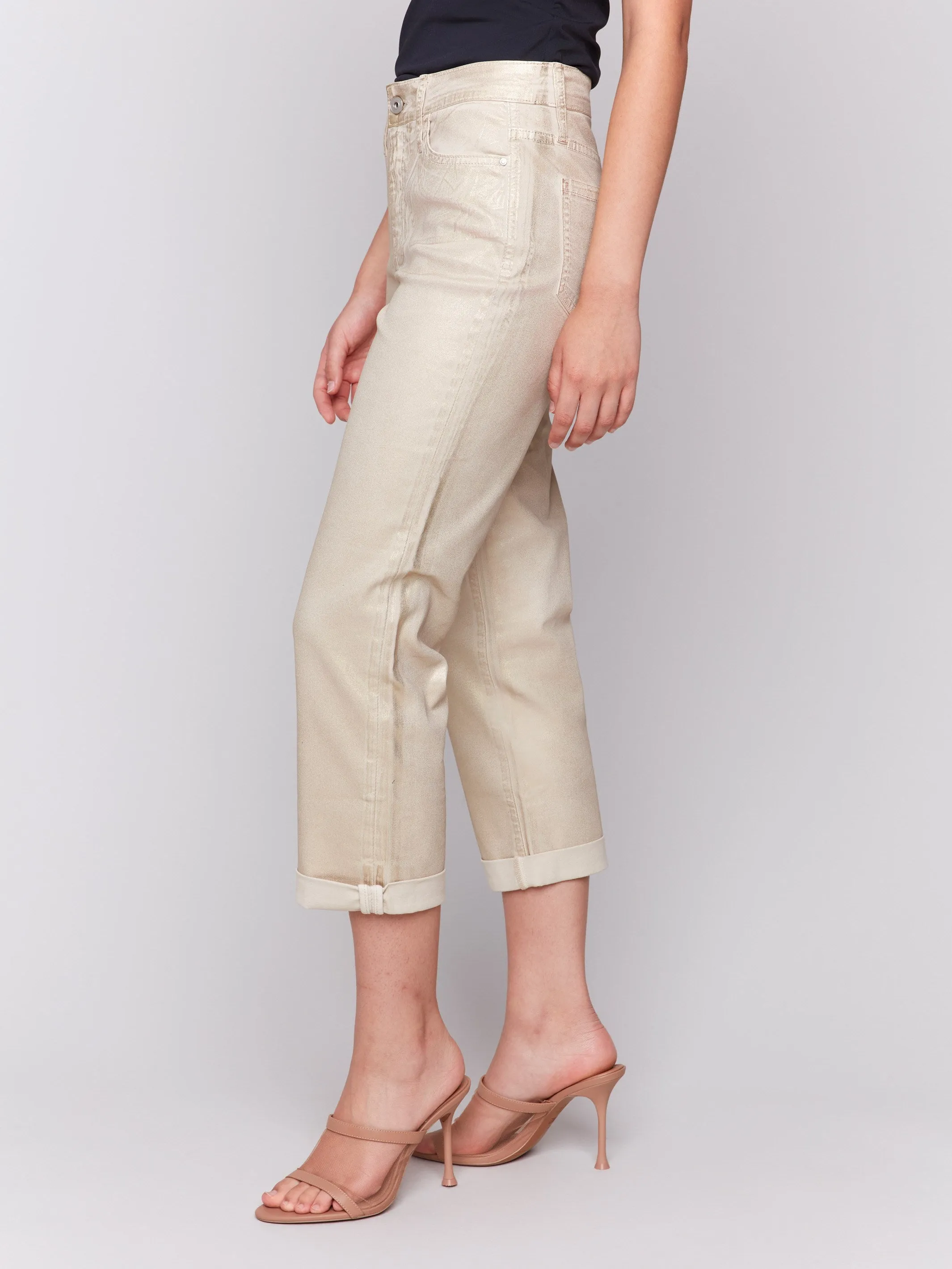 Minimalist Style Family Style Comfy Festival Outfit Minimalist Style Foiled Straight Leg Pants with Cuffed Hem - Natural