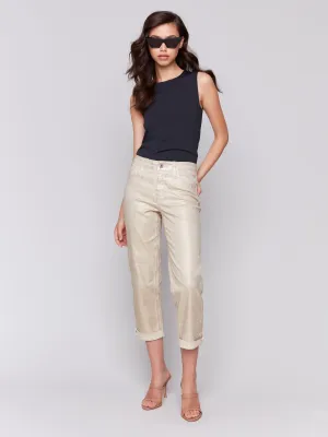 Foiled Straight Leg Pants with Cuffed Hem - Natural Breathable Fit