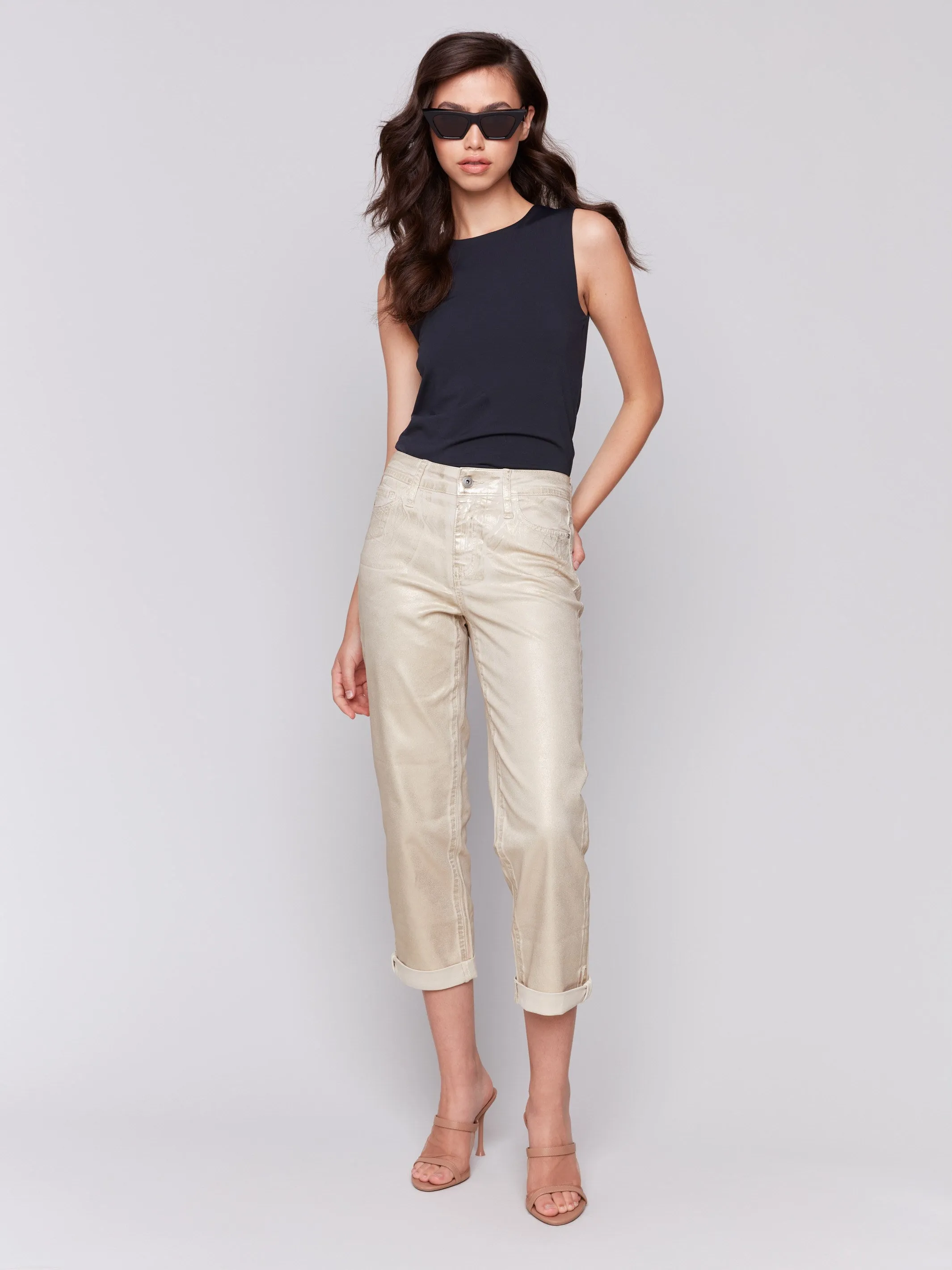 Foiled Straight Leg Pants with Cuffed Hem - Natural Breathable Fit
