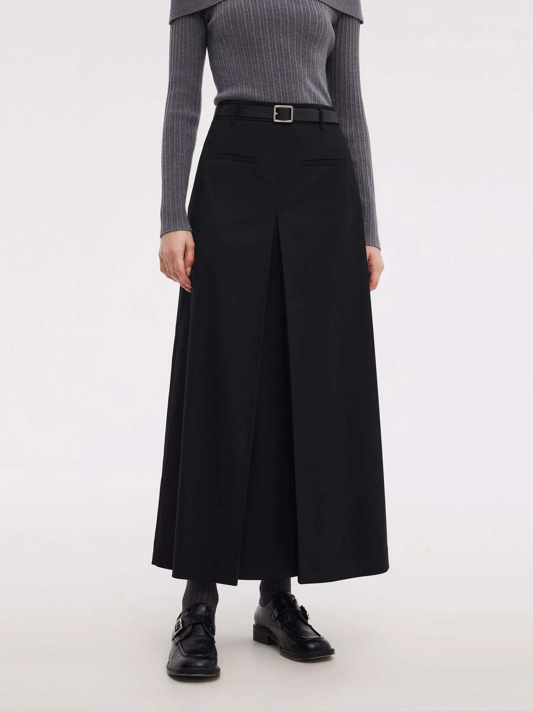 Reinforced Hems H-Line Pleated Women Skirt With Belt