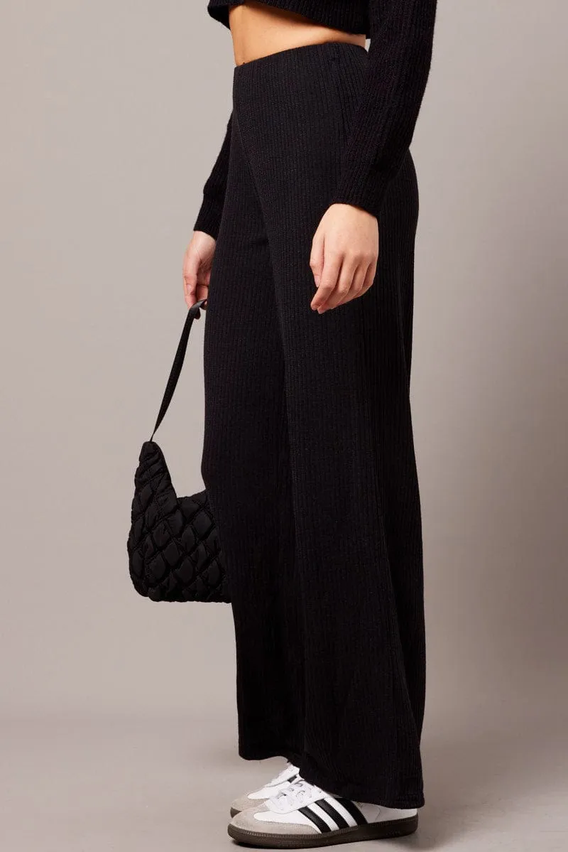 Black Wide Leg Pants Rib Jersey Practical Wear pilling resistant