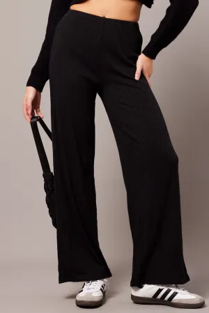 Black Wide Leg Pants Rib Jersey NonRestrictiveCut Stylish Look