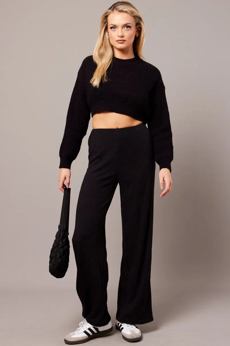 Black Wide Leg Pants Rib Jersey UVProtection
