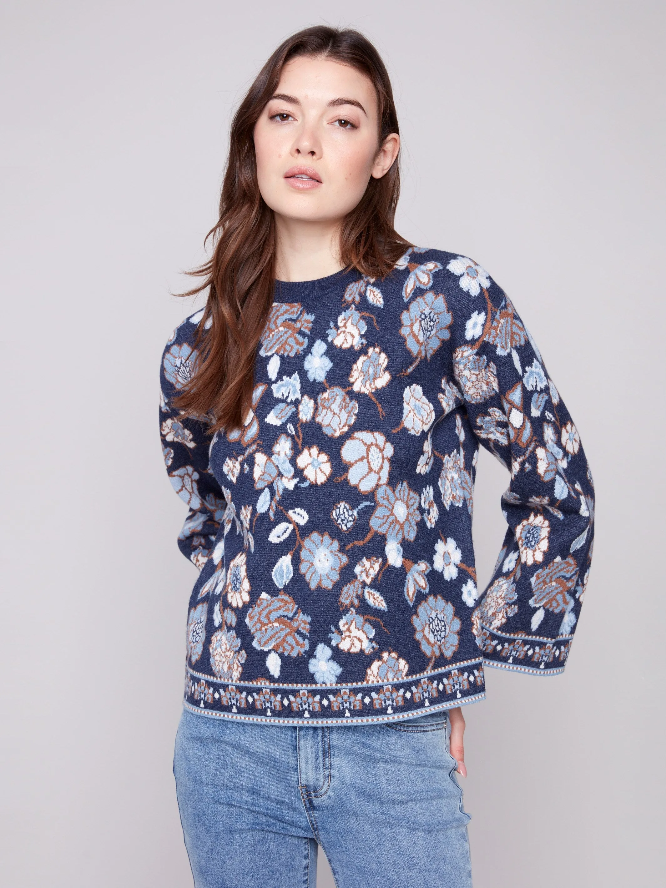 Crew Neck Jacquard Sweater - Floral Versatile Layer Classic Layer