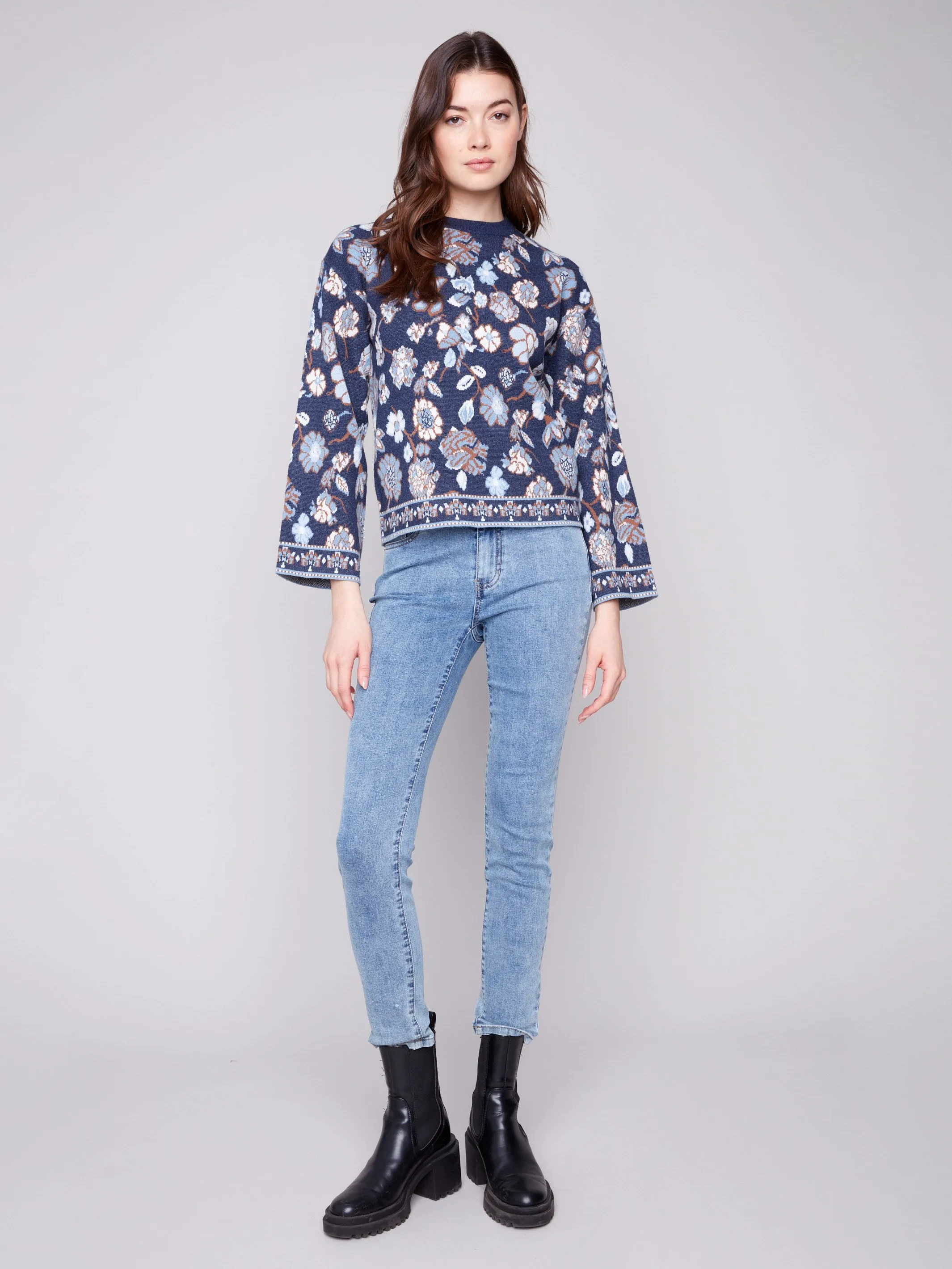 Crew Neck Jacquard Sweater - Floral Layering Essential