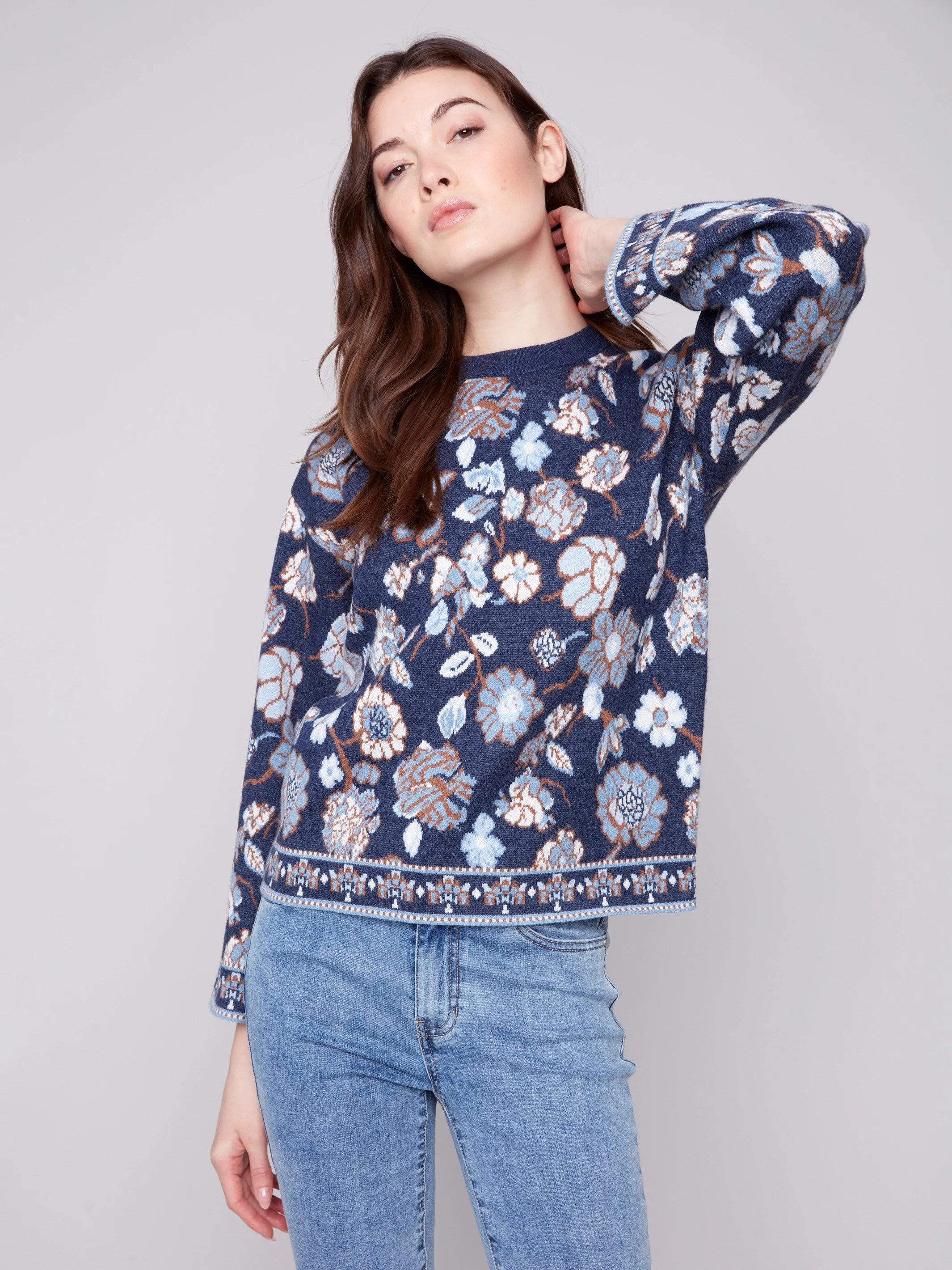 Chilly Knitwear Comfortable fit Crew Neck Jacquard Sweater - Floral