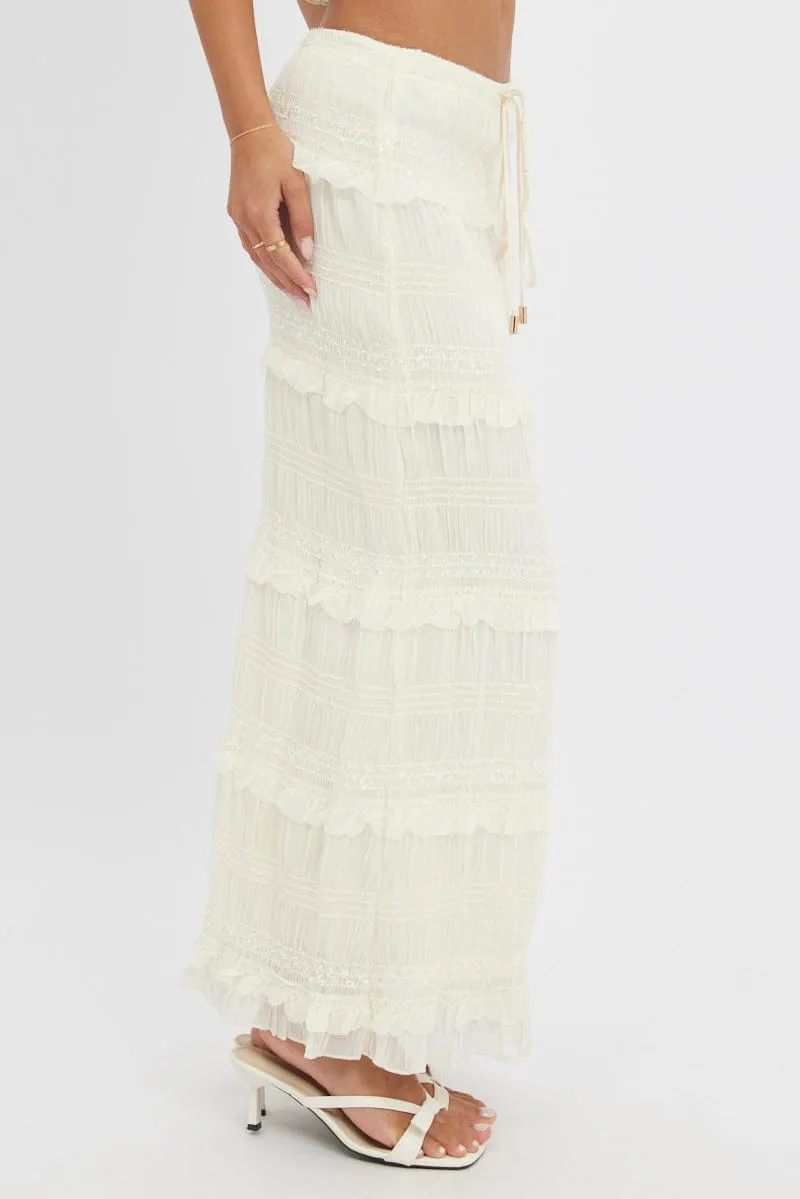 Gentle Wear Glossy Texture White Maxi Skirt Elastic Waistband Ruffle Textured