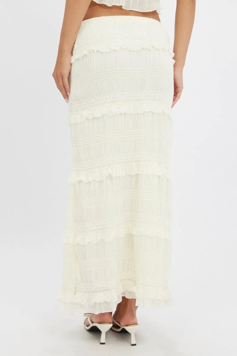 White Maxi Skirt Elastic Waistband Ruffle Textured urban scene