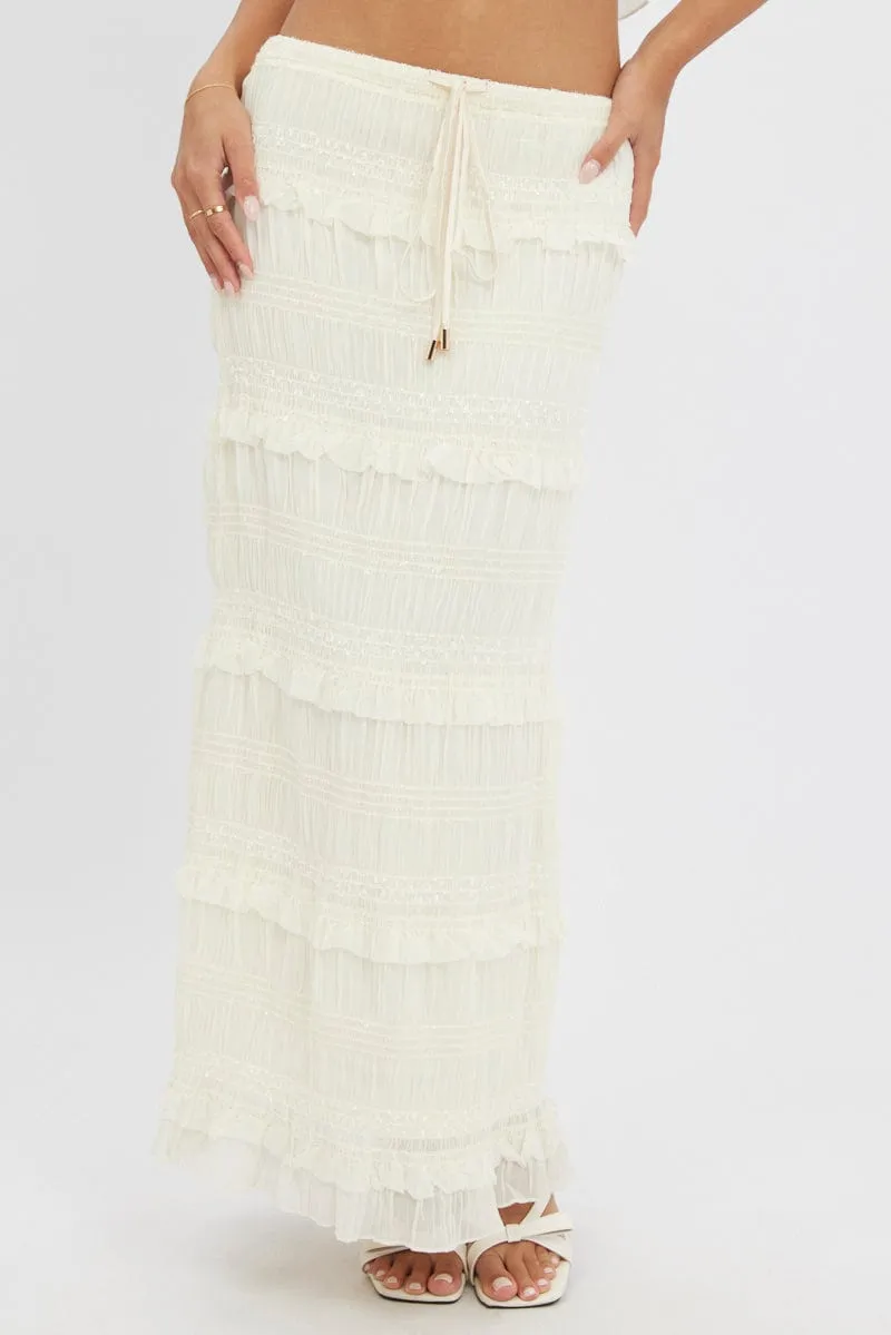 Daytime Look White Maxi Skirt Elastic Waistband Ruffle Textured