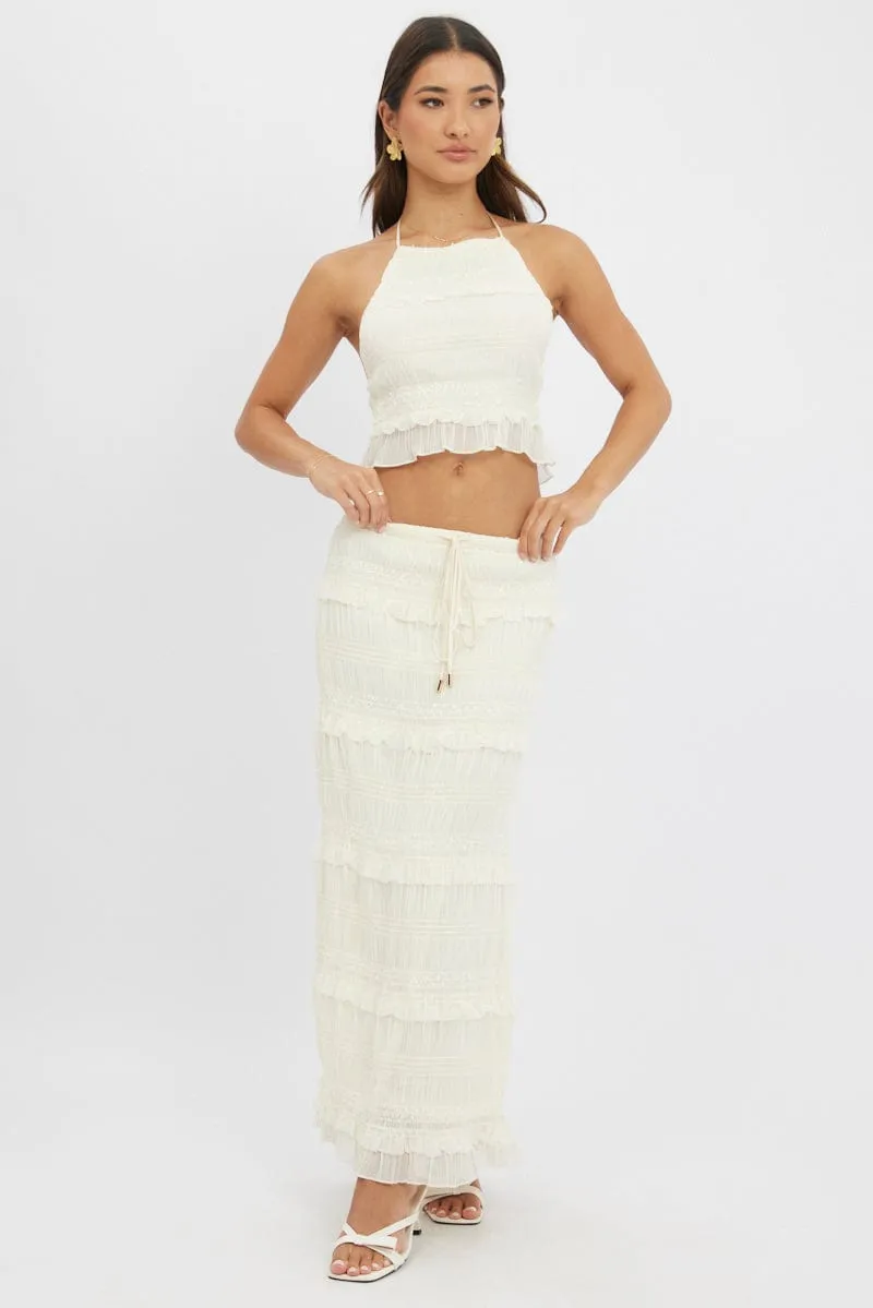 Neutrals Only Mall Brand Look White Maxi Skirt Elastic Waistband Ruffle Textured