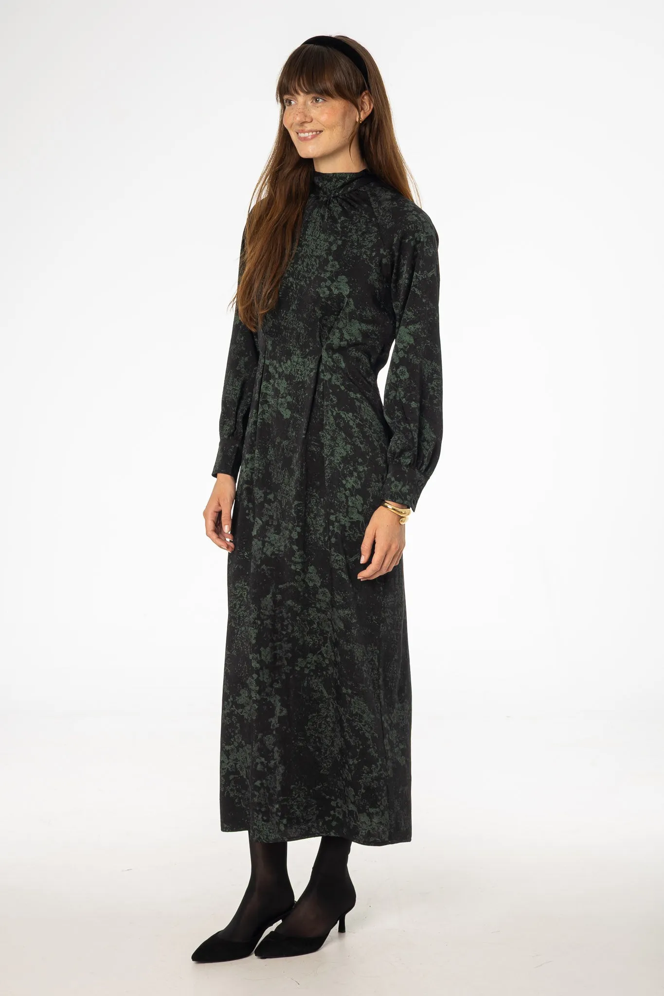 Black & Green Printed Tie Neck Dress Bold Core Eco Wear