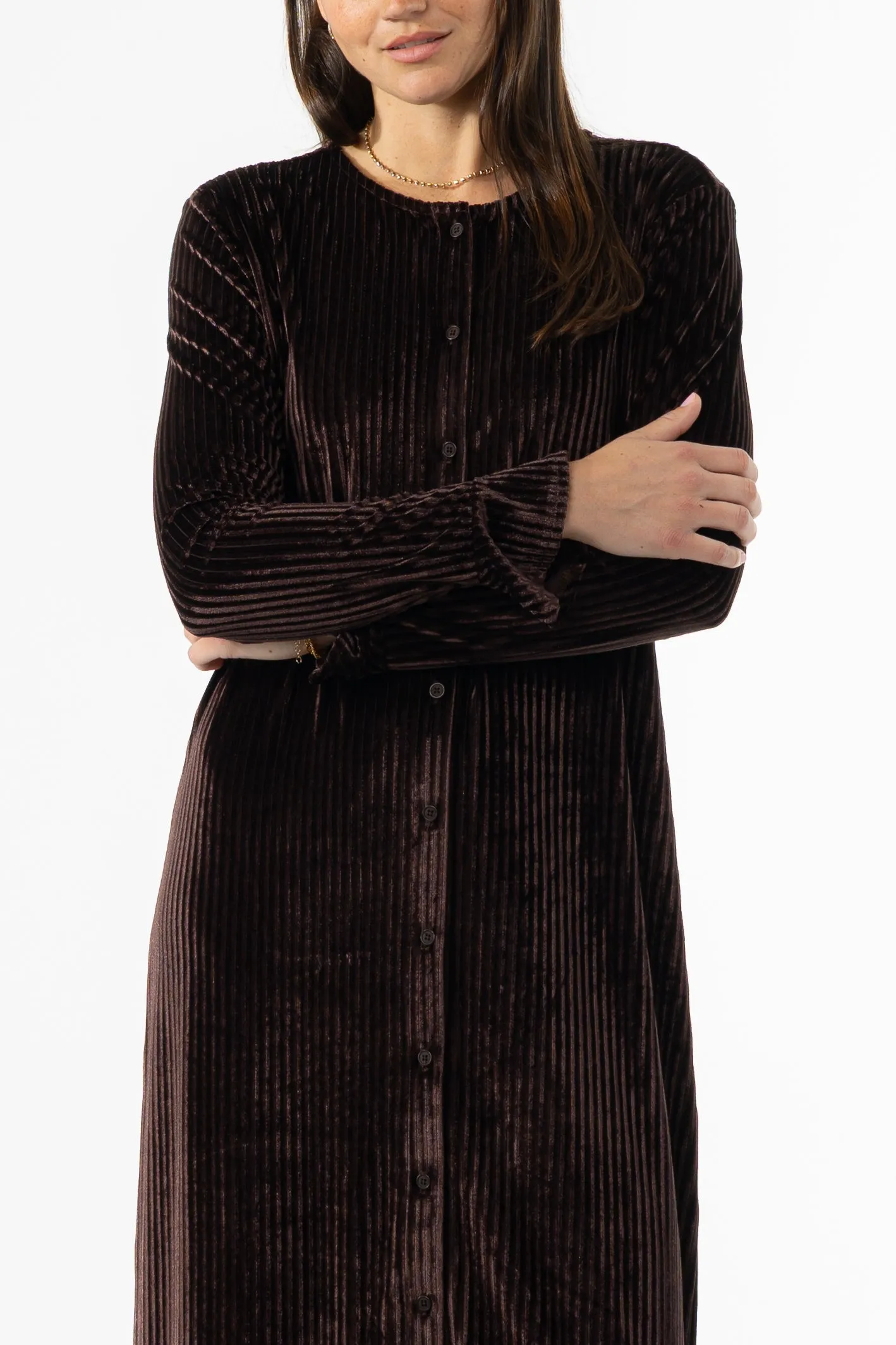Brown Ribbed Velour Dress ReflectiveTrimDetails Saga Fit