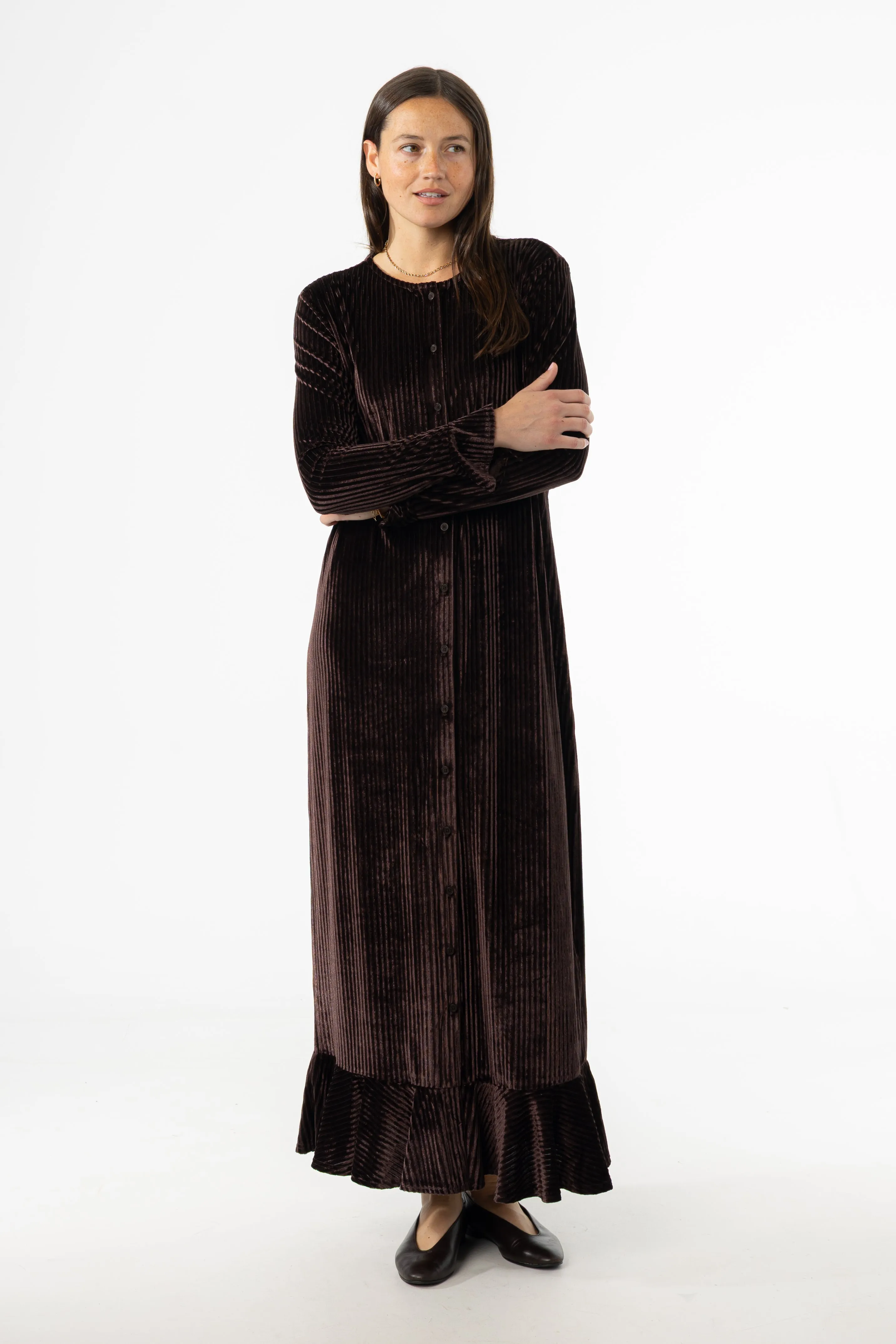 SlipResistantWaistband DurableThreadwork Brown Ribbed Velour Dress