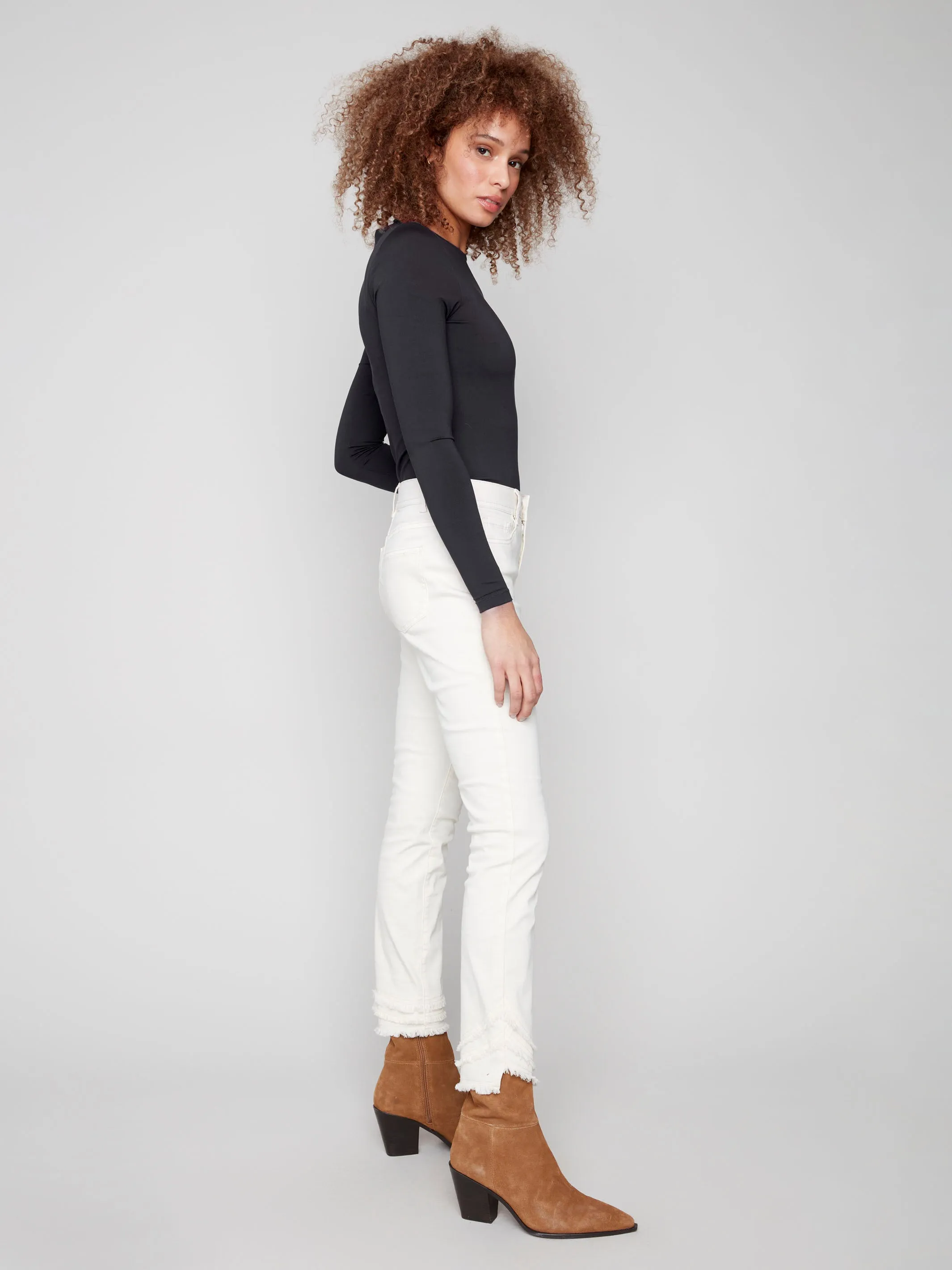 Frayed Hem Twill Pants - Natural Core Fit Shopping Day Adult Fashion Athlete Fit